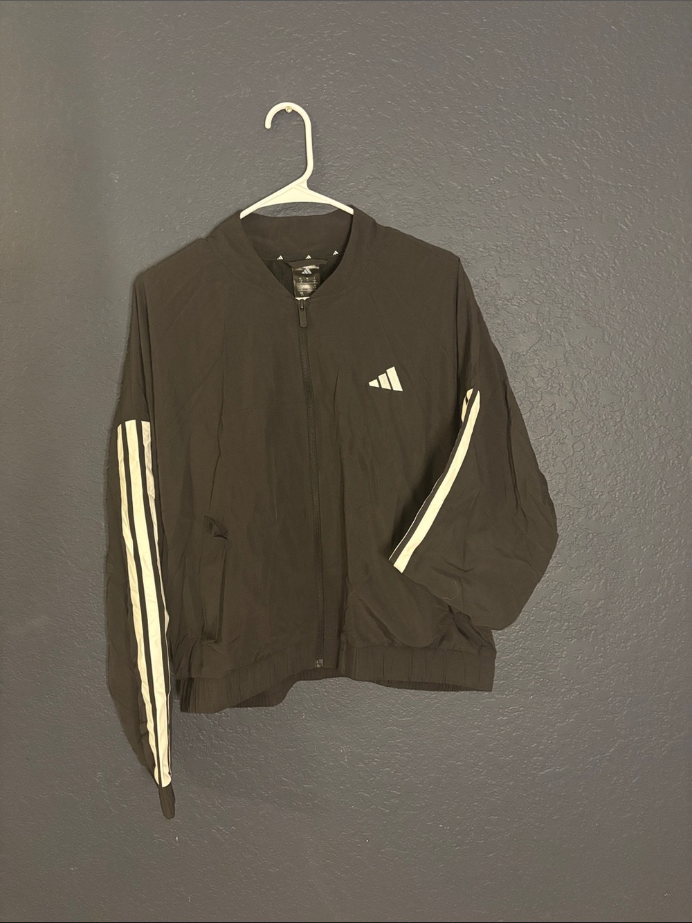 adidas Black Windbreaker Jacket with White Stripe Accents